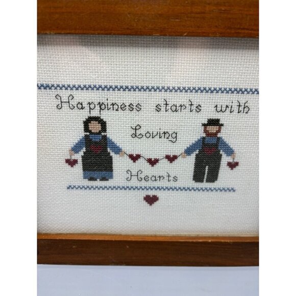 Handmade Cross Stitch Framed Happiness Starts With Loving Hearts Amish - Picture 5 of 5